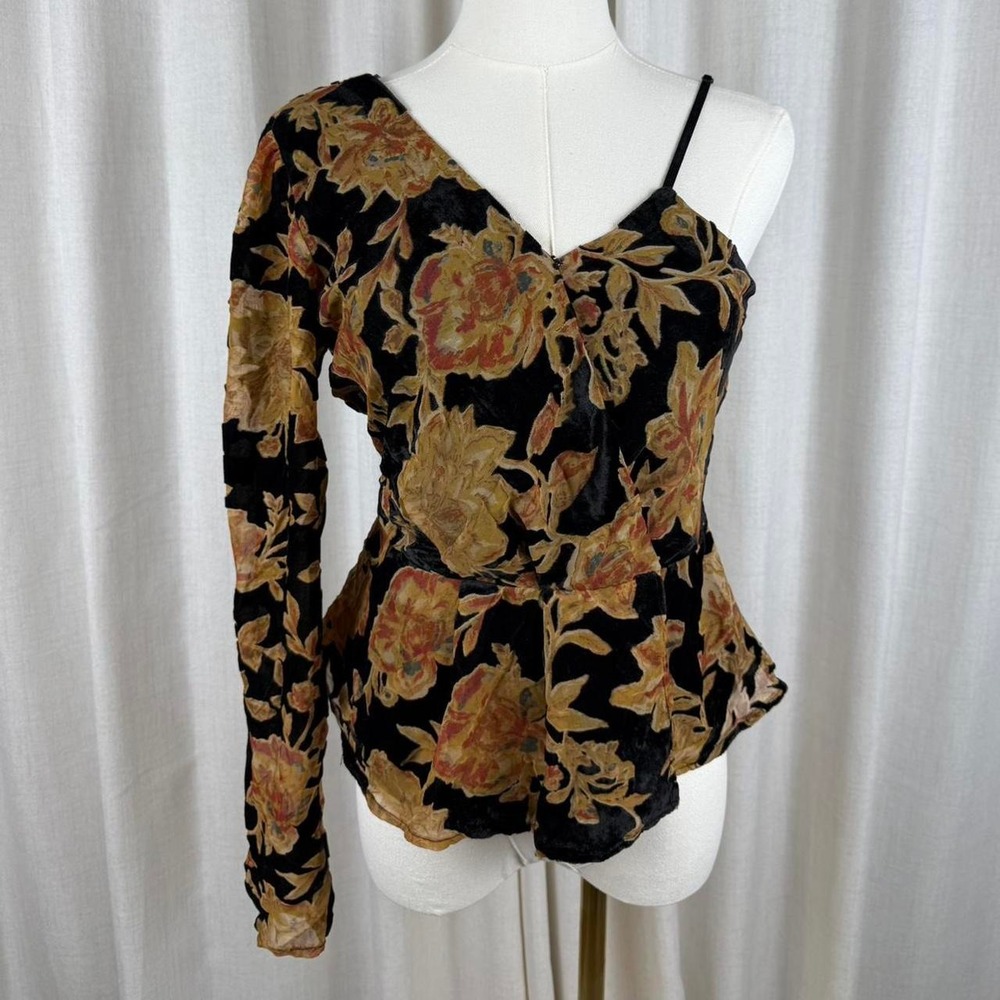 Lost + Wander Black Gold Floral Velvet One Shoulder Top Small Boho